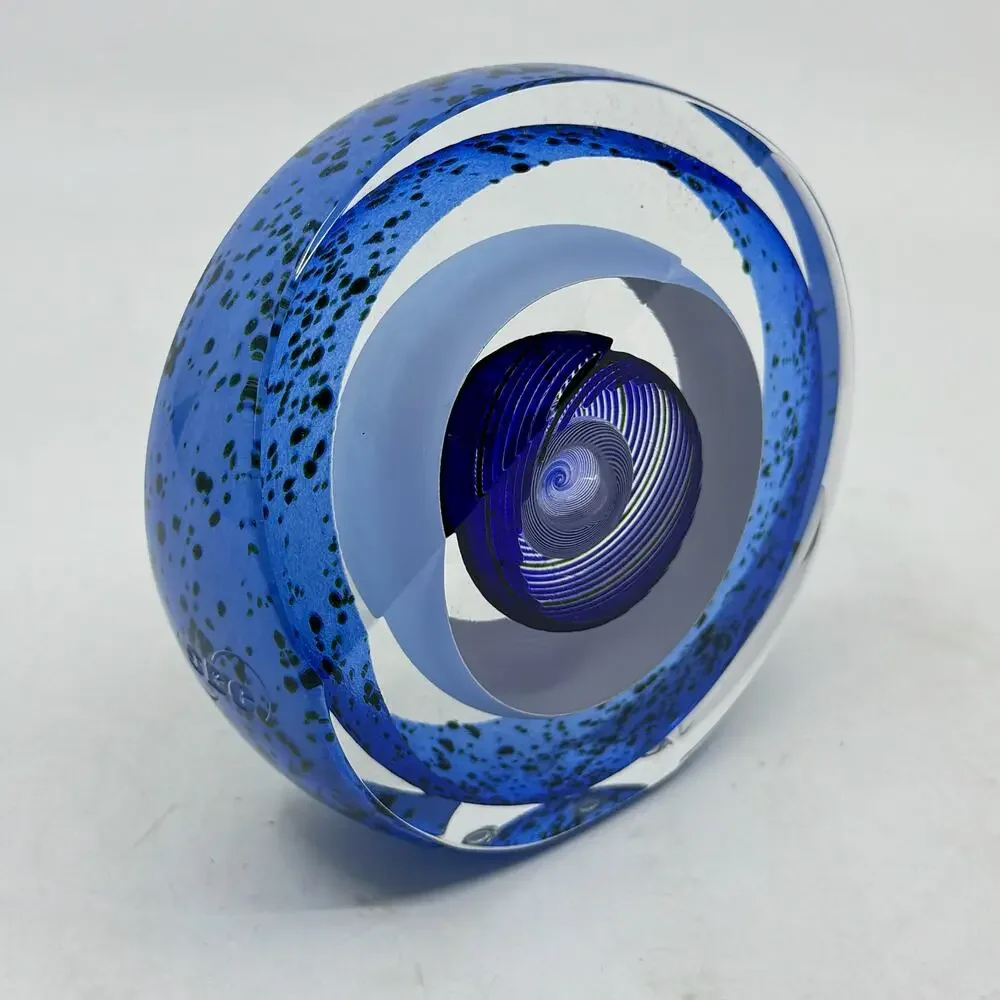 SBC Hand Blown Art Glass Blue Vortex Paper Weight Signed - Picture 2 of 7